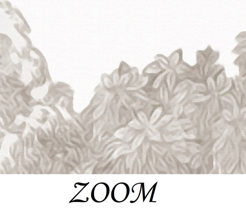 Puede incluir: Impresi&oacute;n de arte abstracto con fondo blanco y dise&ntilde;o floral gris. La palabra "ZOOM" est&aacute; impresa en negro en la parte inferior de la impresi&oacute;n.