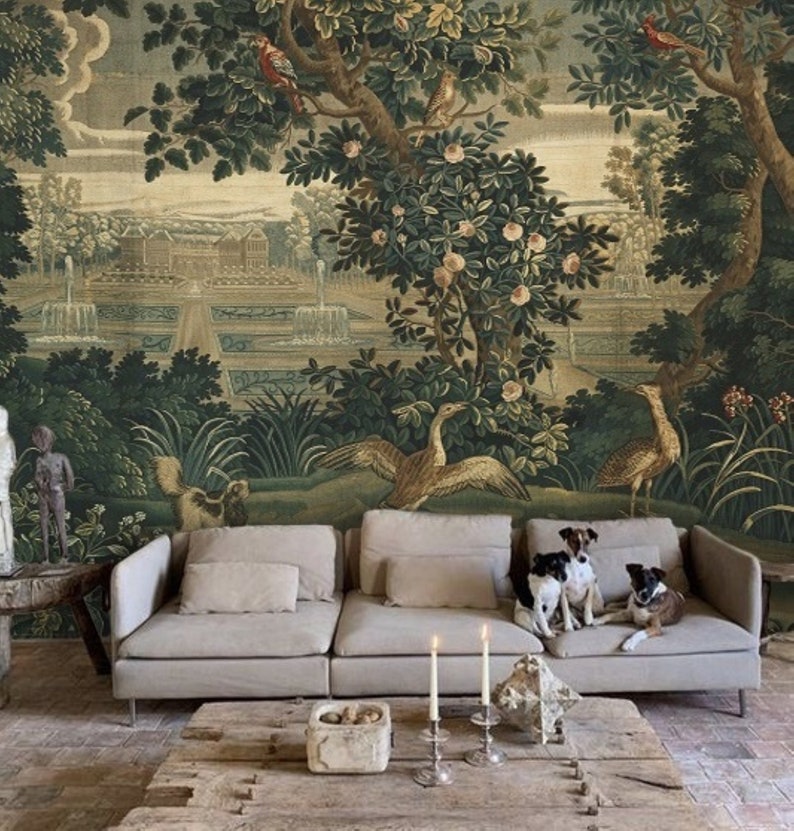 hand drawn verdure with chateau and garden tapestry wallpaper trees landscape peel and stick wallpaper mural wall art living room nature