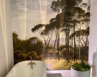 Pine Tree Wallpaper Mural Peel and Stick, Vintage Oil Painting Wall Mural, Italy Mural Landscape Wallpaper in size 12ft wide x 8ft high