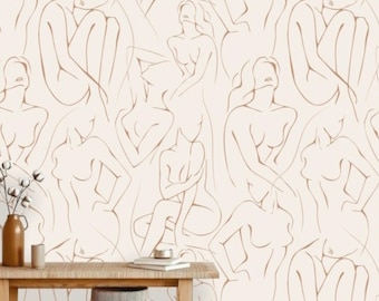 Papel pintado con silueta de mujer en beige, extraíble, despegar y pegar, decoración minimalista moderna, papel pintado abstracto de cuerpo femenino para oficina.