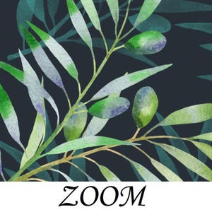 May include: Watercolor painting of a green olive branch with leaves on a dark blue background.