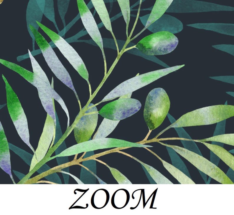 May include: Watercolor painting of a green olive branch with leaves on a dark blue background.