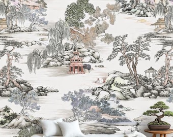 Asian Scenic Wallpaper Light Blue, Removable Peel and Stick Prepasted, Shabby Chic Decor, Chinoiserie Toile de Jouy Wallpaper Living Room