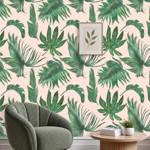 Peel and Stick Banana Leaf Green and Pink Tropical Wallpaper on Etsy