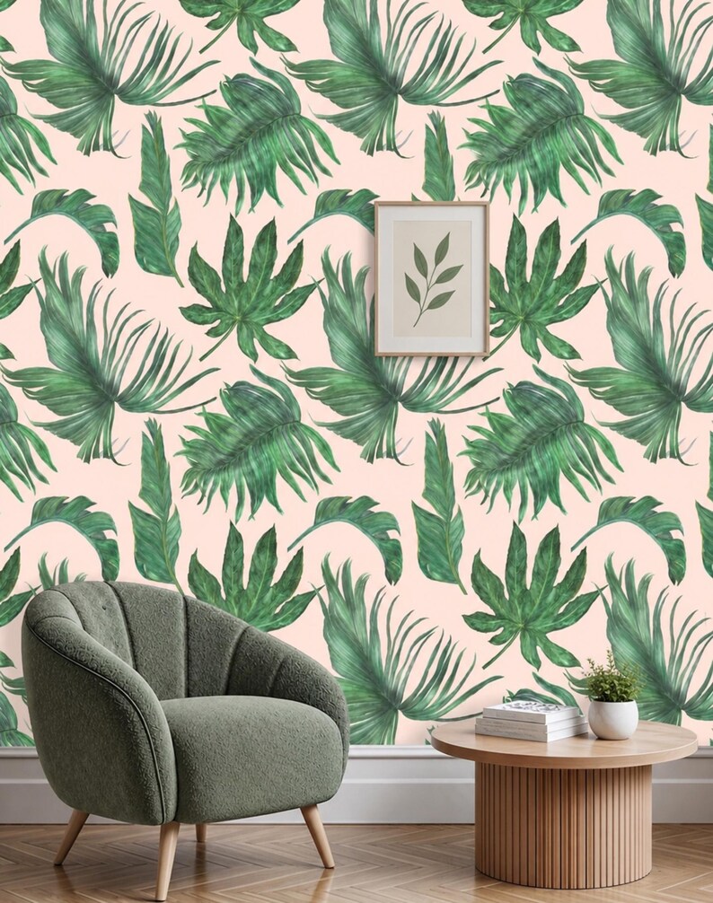 Peel and Stick Banana Leaf Green and Pink Tropical Wallpaper on Etsy
