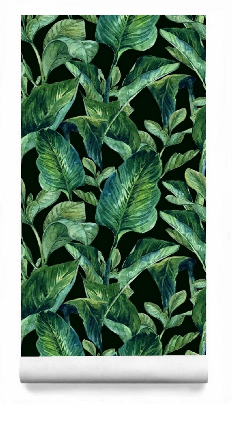 Emerald Green Banana Leaf Wall Mural Black Background Seamless Repeat Pattern Removable Peel and Stick Wallpaper on Etsy
