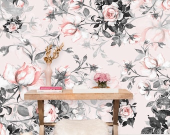 Gotische rosa und schwarze Blumen Tapete, abnehmbare Schale und Stick Vorgeklebt, Licht Academia Dekor, Vintage Floral Rose Wallpaper für Eitelkeit
