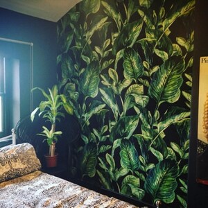 Emerald Green Banana Leaf Wall Mural Black Background Seamless Repeat Pattern Removable Peel and Stick Wallpaper on Etsy