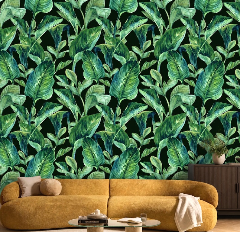 Emerald Green Banana Leaf Wall Mural Black Background Seamless Repeat Pattern Removable Peel and Stick Wallpaper on Etsy