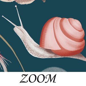 Op de afbeelding: Een tealblauwe achtergrond met een roze slak met een witte schelp en een bruin lichaam. De slak beweegt naar rechts. Er zijn andere florale elementen op de achtergrond.