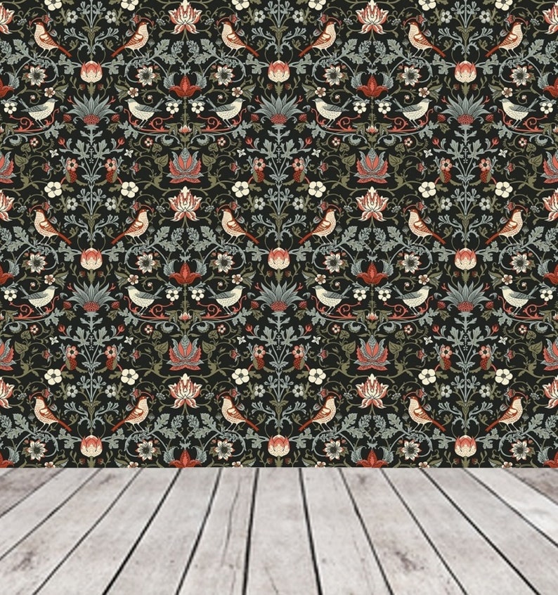 William Morris Wallpaper, Dark Vintage Floral Wallpaper, Bird Removable Wallpaper, Moody Flower Wallpaper, Victorian Inspired Wallpaper 222 image 5