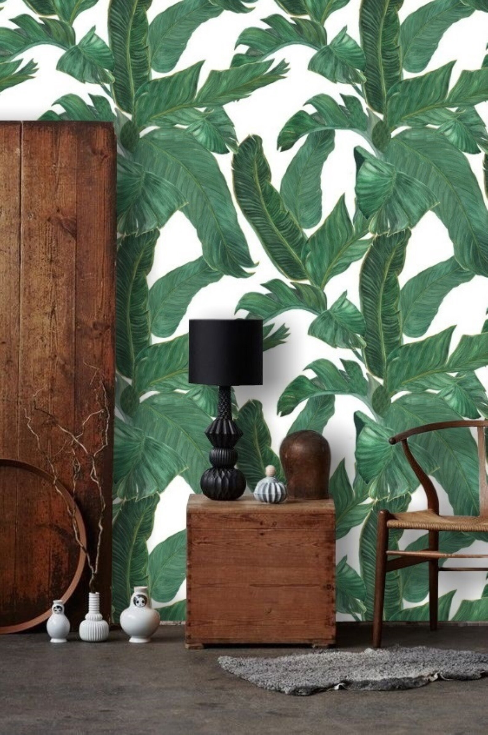 Tropical Wallpaper Green Banana Leaf Wallpaper Wall Mural Etsy