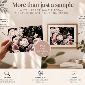A wallpaper sample shown in hand and displayed in a frame, illustrating how it can be used to preview a design and later enjoyed as a small decorative art print, for home decorators and interior designers.