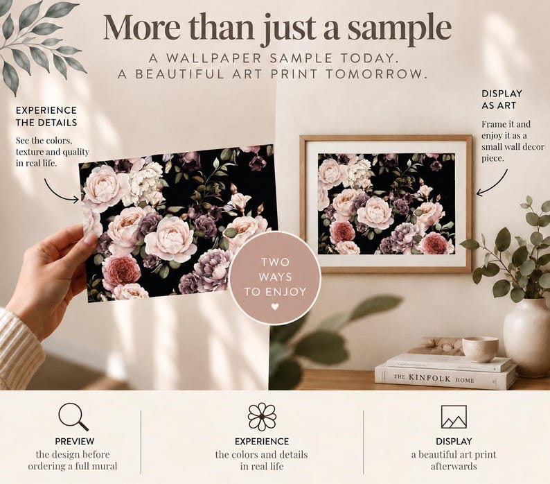 A wallpaper sample shown in hand and displayed in a frame, illustrating how it can be used to preview a design and later enjoyed as a small decorative art print, for home decorators and interior designers.