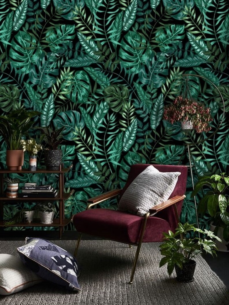 Peel and Stick Wall Paper Dark Leaf Wallpaper Wall Mural Etsy