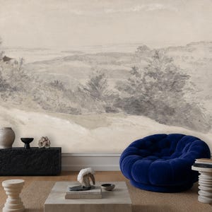 Subtle Grey Vintage Trees Pencil Drawing Sketch Landscape Wallpaper Mural Peel and Stick on Etsy