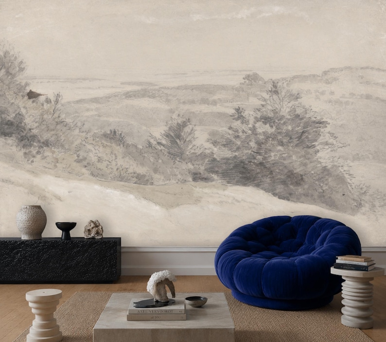 Subtle Grey Vintage Trees Pencil Drawing Sketch Landscape Wallpaper Mural Peel and Stick on Etsy