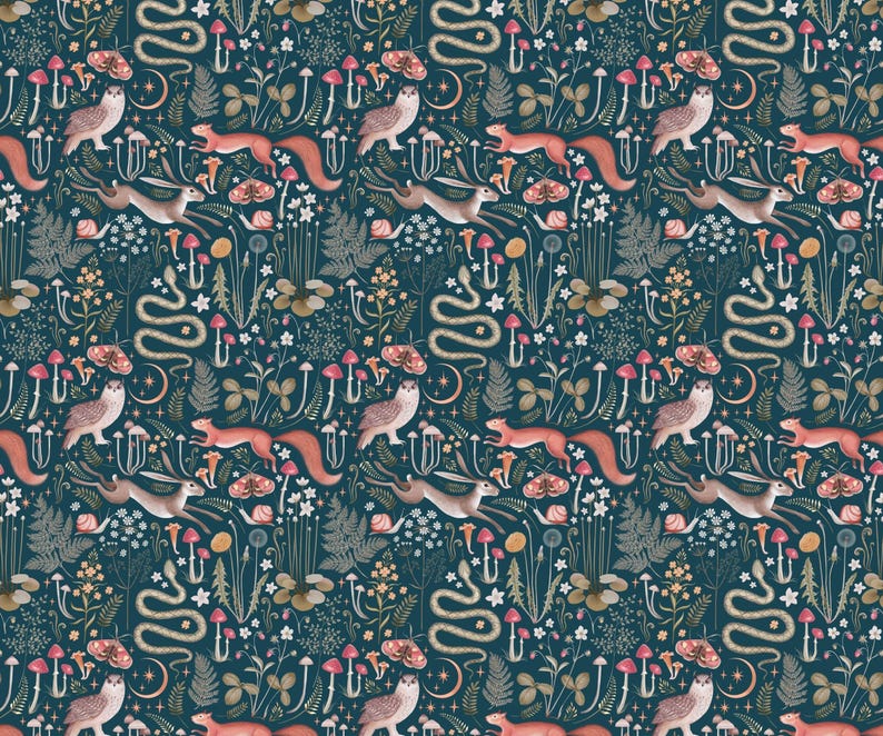 Green Red Dark Whimsical Cottagecore Nursery Wallpaper Midnight Blue Teal Background Removable Peel and Stick Wallpaper on Etsy