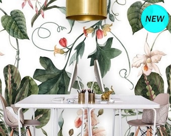 Floral Wallpaper Orchid, Botanical Wallpaper Mural Removable Wallpaper Plants, Self Adhesive Wallpaper Peel & Stick Wall Paper Vintage #157