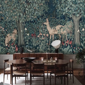 vintage forest wall mural wallpaper peel and stick forest animals wallpaper kids room wall decor blue green forest wallpaper william morris wall art for living room bedroom dining room design by tapetshow