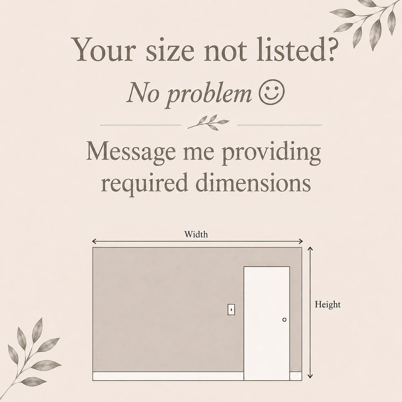 Custom wallpaper size guide showing how to measure wall width and height for a made-to-order wall mural. Contact us with your wall dimensions to create a custom-size wallpaper for a perfect wall fit.