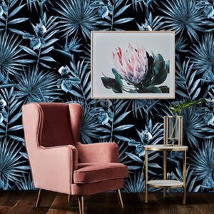 Blauw Palmblad behang, Peel en Stick Wallpaper Blauw, Palm Wallpaper Zwart, Tropisch Behang Zwart, Botanisch Behang Donkerblauw 102 afbeelding 6