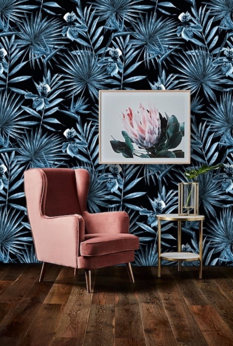 Blauw Palmblad behang, Peel en Stick Wallpaper Blauw, Palm Wallpaper Zwart, Tropisch Behang Zwart, Botanisch Behang Donkerblauw 102 afbeelding 6