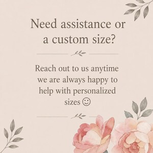 Custom size wallpaper graphic showing personalized wallpaper sizing and customer support for custom dimensions, with elegant botanical floral accents and neutral beige design.