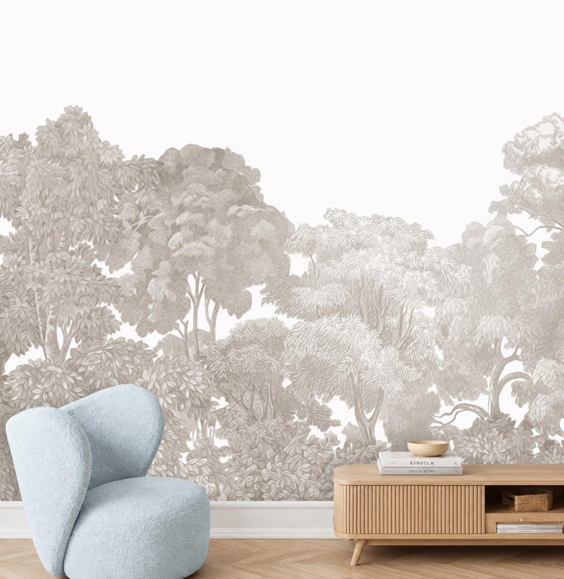 Grey Beige Neutral Tree Rain Forest Wallpaper Mural Peel and Stick on Etsy