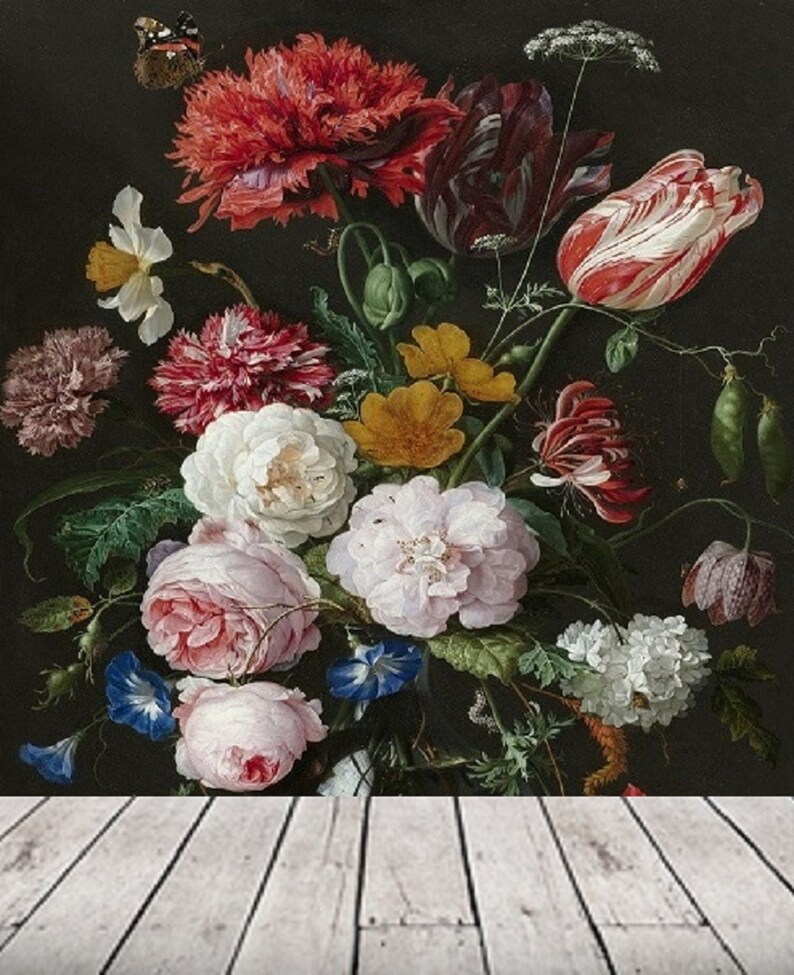 Flower Wall Mural Removable Wallpaper Dark Floral Mural Peel Etsy