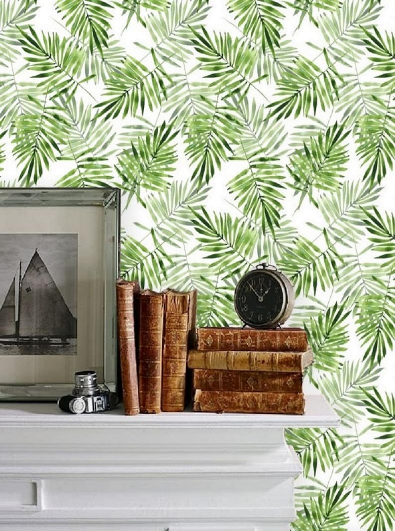 Green Palm Leaf Wallpaper, Nursery Neutral Leaves, Peel and Stick Wallpaper, Boho Tropical Wallpaper, Mural Wallpaper Greenery Prints 73 image 8