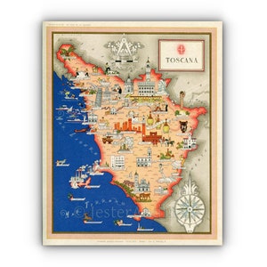 Tuscany, Toscana, Italy, Firenze, Florence, Montecatini Terme, Montelupo Fiorentino, San Miniato, Pictorial Map, A4 or A3 Print
