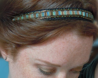 Headband PEPITA_Bijou de tête en perles de verre. Contraste or et turquoise. La touche glam/chic à ajouter à n'importe quelle tenue