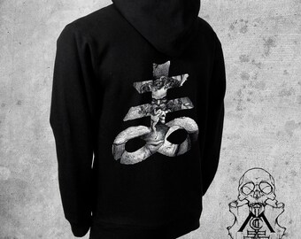 May include: Black hooded sweatshirt with a white graphic print of a religious symbol on the back. The symbol is a cross with a circle around it, and there is a figure inside the circle.