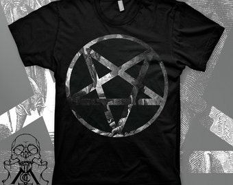 May include: Black t-shirt with a pentagram design featuring a vintage illustration of a scene from the book "Paradise Lost" by John Milton. The pentagram is surrounded by a circle. The price is $12.99.