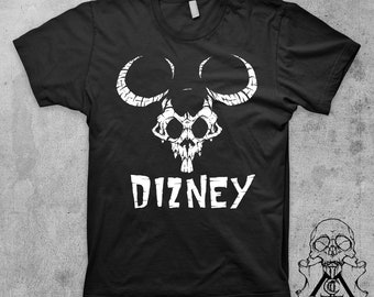 May include: Black t-shirt with a white skull graphic and the word "DIZNEY" printed on the front.