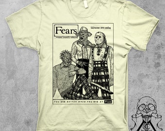 May include: A light yellow t-shirt with a black and white illustration of three horror movie characters. The illustration is a parody of a clothing catalog. The text on the shirt reads "Fears - Where America Dreams - Fall/Winter 1978 Catalog - You Die Better When You Die At Fears".