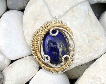 Lapis Lazuli Heady Wire Wrapped Pendant | Royal Blue Silver Boho Necklace | Cleopatra Egyptian Goddess Jewelry | Visionary Wearable Art