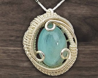Aquamarine Crystal Necklace | Wire Wrapped Silver Pendant | Silver | Jewelry Made in the USA