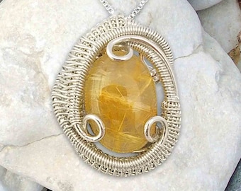 Rutilated Quartz Necklace with Gold Rutile Crystal | 100% Natural Stone Wire Wrapped Pendant | Elegant Dainty Necklace