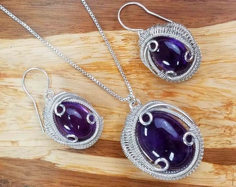 Amethyst Jewelry Necklace Earring Set, Wire Wrapped Jewelry Natural Stone Crystal Statement Pendant with Dangle Drop Earrings GIft for Her