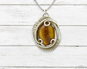 Tigers Eye Necklace & Gemstone Pendant | Silver Wire Wrapped Jewelry | Tiger Eye Natural Stone Healing Crystals | Gift for Her