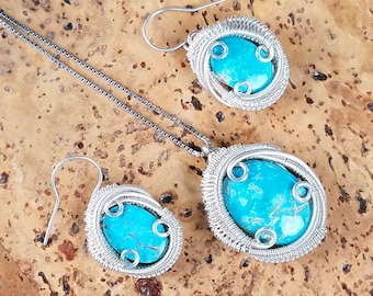 Turquoise Necklace Earring Set, Wire Wrapped Jewelry Statement Pendant & Dangle Drop Earrings, Gift for Her / Girlfriend December Birthstone