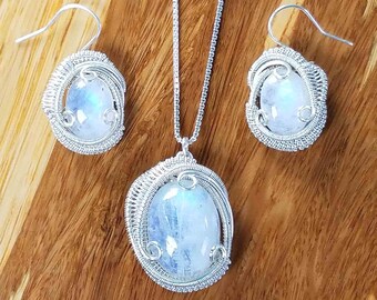 Moonstone Jewelry Necklace Earring Set, Wire Wrapped Jewelry Natural Stone Crystal Statement Pendant with Dangle Drop Earrings Gift Set