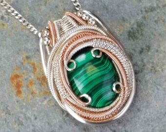 Malachite Wire Wrapped Pendant | Natural Crystal Statement Jewelry | 925 Sterling Silver & Rose Gold | Hippie Stone Healing Crystals