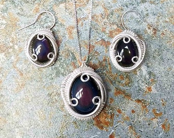 Rainbow Obsidian Jewelry Necklace Earring Set, Wire Wrapped Jewelry Natural Stone Crystal Statement Pendant with Dangle Drop Earrings