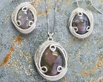 Purple Labradorite Jewelry Necklace Earring Set, Wire Wrapped Jewelry Natural Stone Crystal Statement Pendant with Dangle Drop Earrings