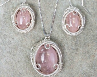 Morganite Jewelry Necklace Earring Set, Wire Wrapped Jewelry Natural Stone Crystal Statement Pendant with Dangle Drop Earrings, Gift for Her