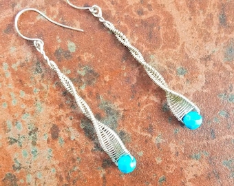 Natural Turquoise Gemstone Earrings | Spiral Design Drop & Dangle Bead Earrings | Handmade Boho Silver Wire Wrapped Jewelry | Gift For Her