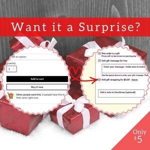 Alt text (234 characters):

“Three red gift boxes in snow with ‘Want it a Surprise?’ overlay, circled callouts showing Etsy gift wrapping & gift message options for only $5. Ideal Pagan macabre Christmas gift and adult crystal advent calendar countdown, Krampus style.”